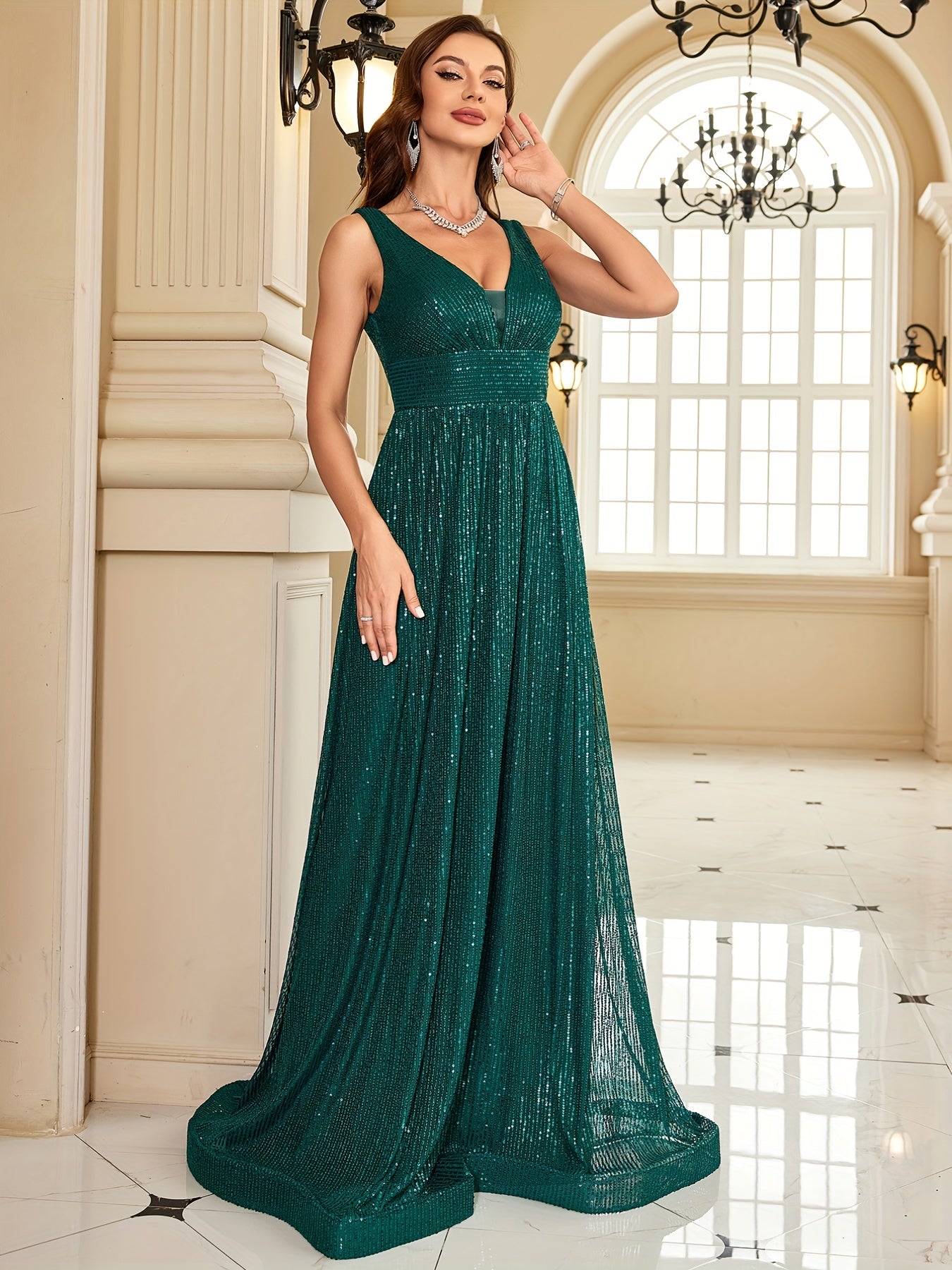 Sequin Pleated Sleeveless Bridesmaid Dress, Elegant V-neck Floor Length Dress For Wedding Party | XUIBOL