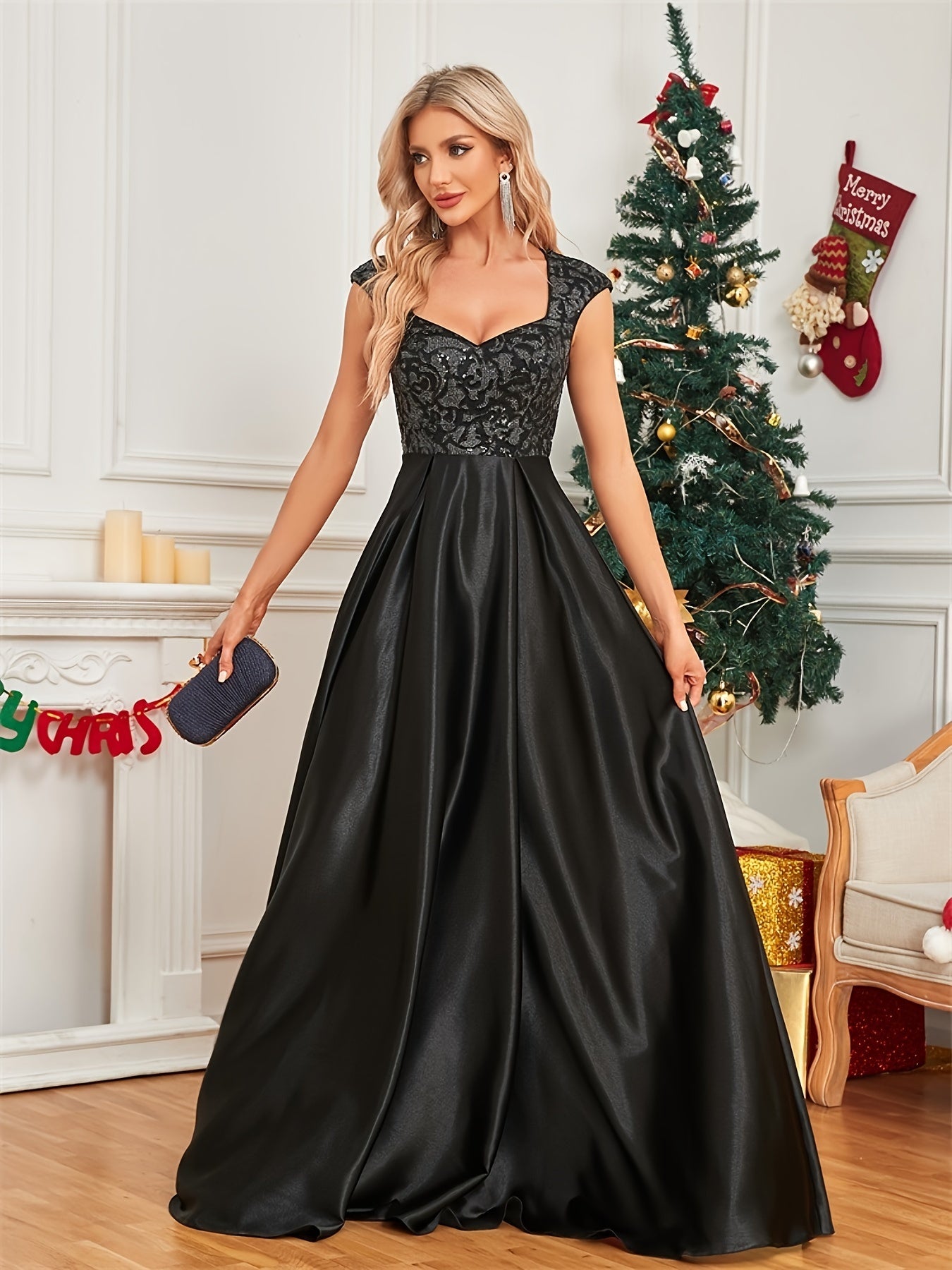 Cap Sleeve Embroidered Dress, Elegant V-neck Floor Length Dress For Wedding Party | XUIBOL