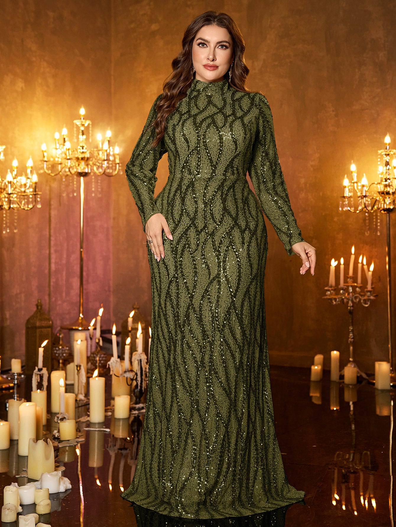 Champagne Rose Gold Pattern Sequin High‑Neck Plus‑Size Mermaid Formal Dress