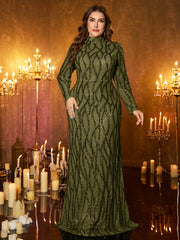 Champagne Rose Gold Pattern Sequin High‑Neck Plus‑Size Mermaid Formal Dress