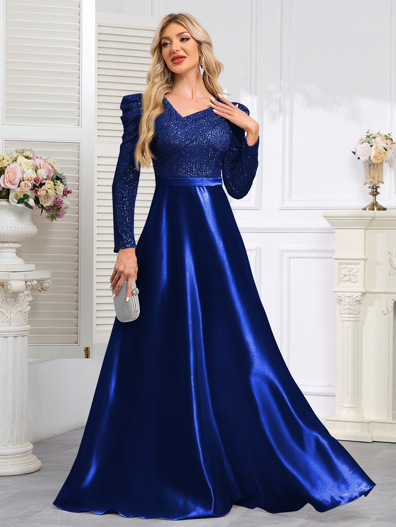 Dark Blue Satin Sequin Maxi Dress