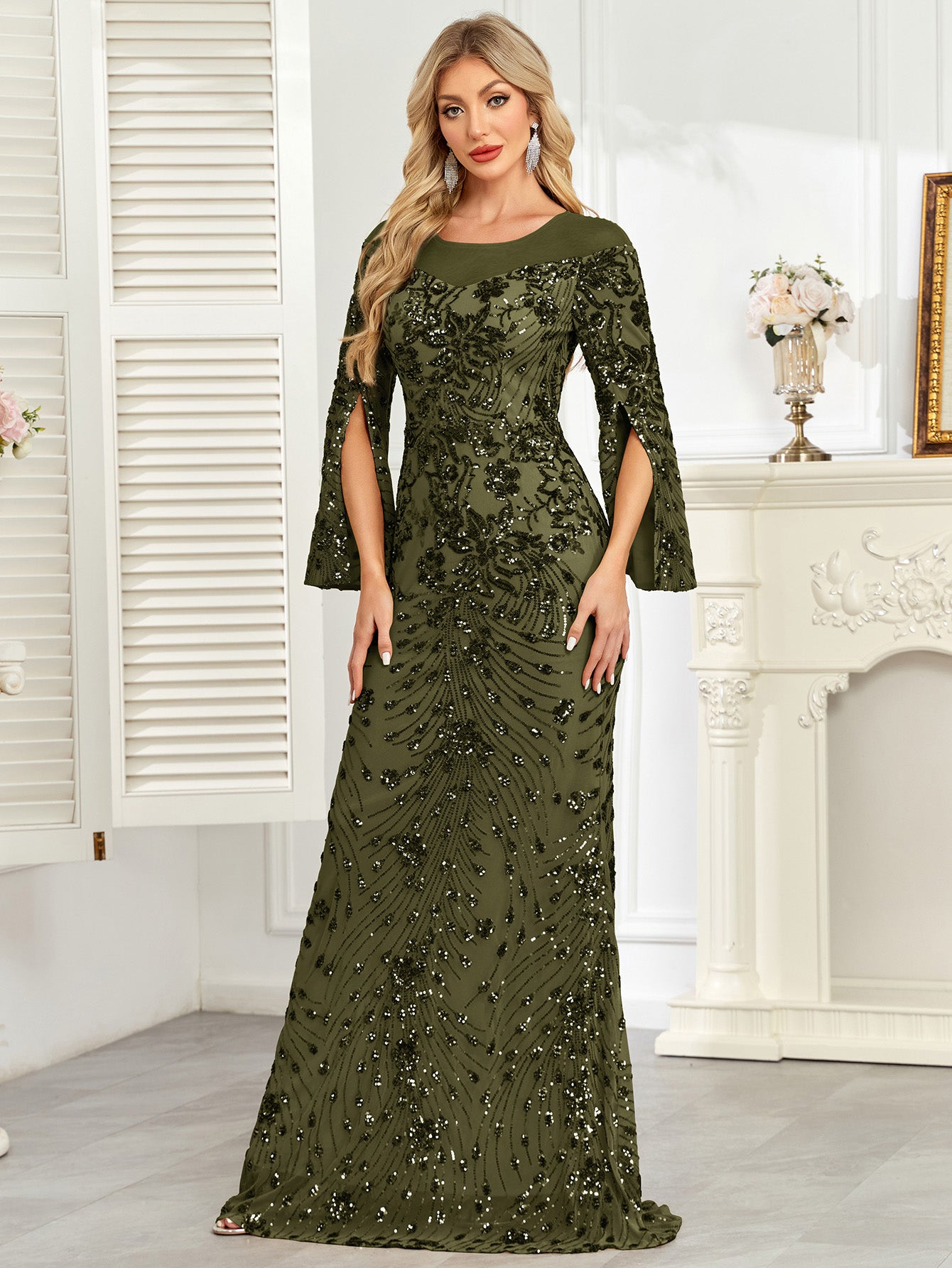 Royal Blue Sequin Split Flare‑Sleeve Mermaid Evening Gown