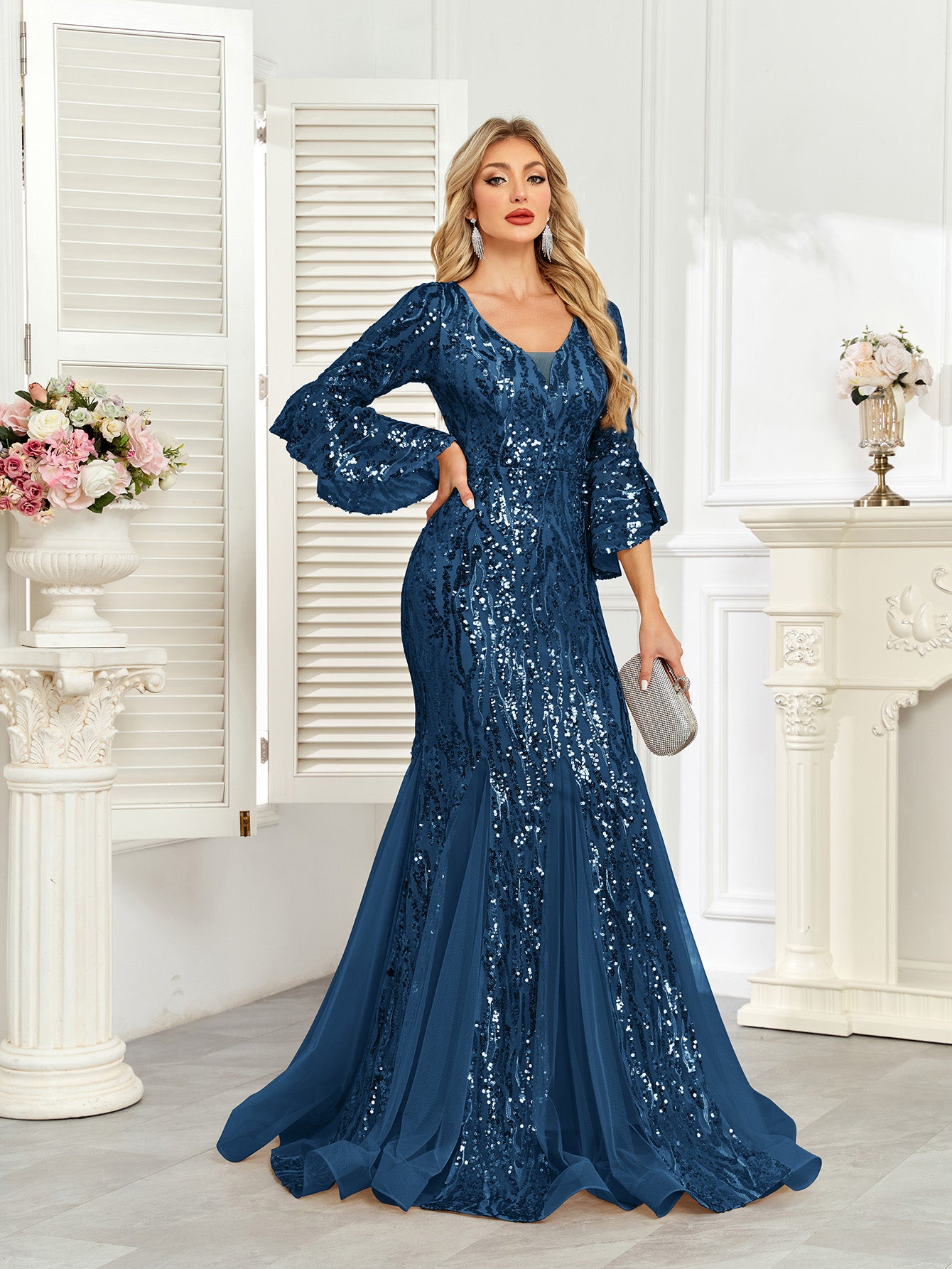 Champagne Gold Sequin Bell Sleeve Mermaid Evening Gown
