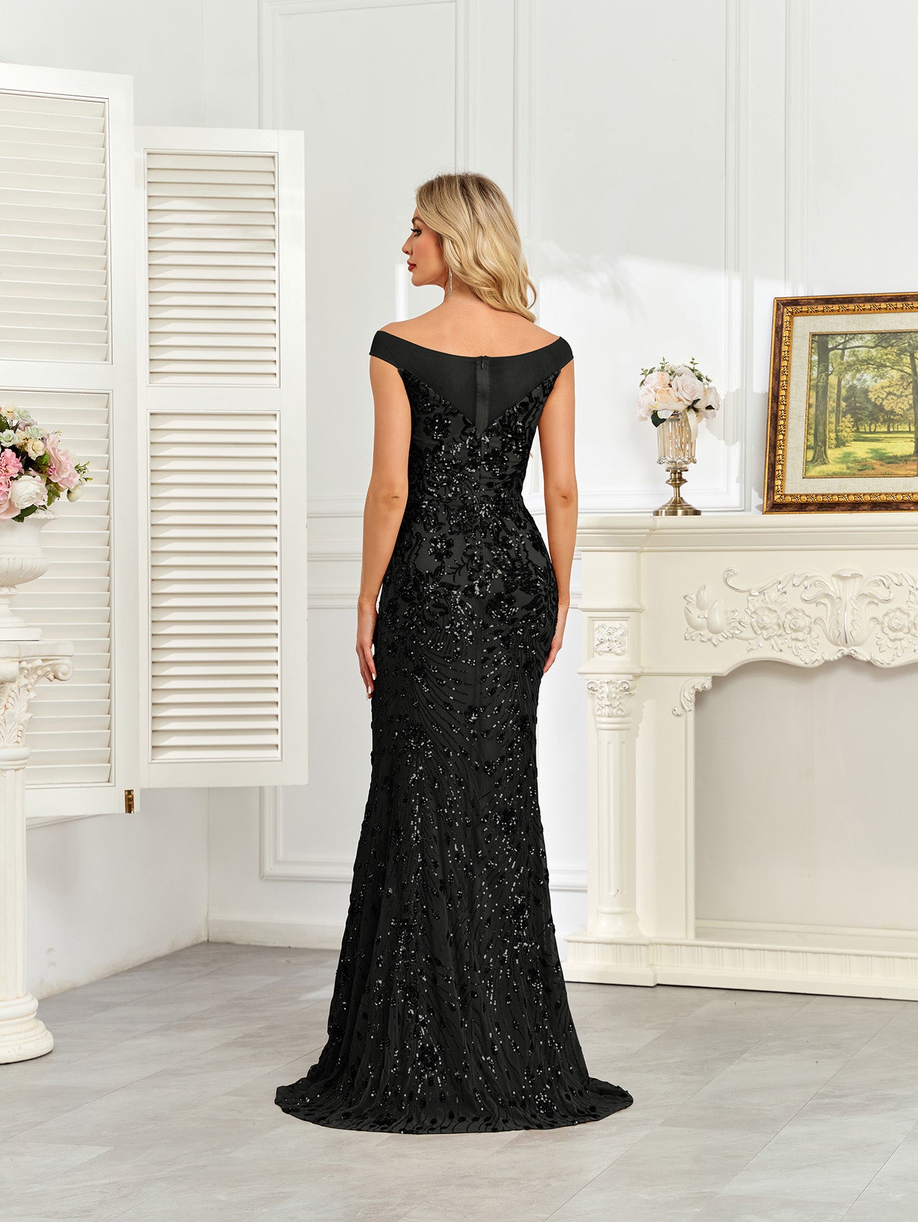 Royal Blue Sequin Off‑Shoulder Mermaid Evening Gown