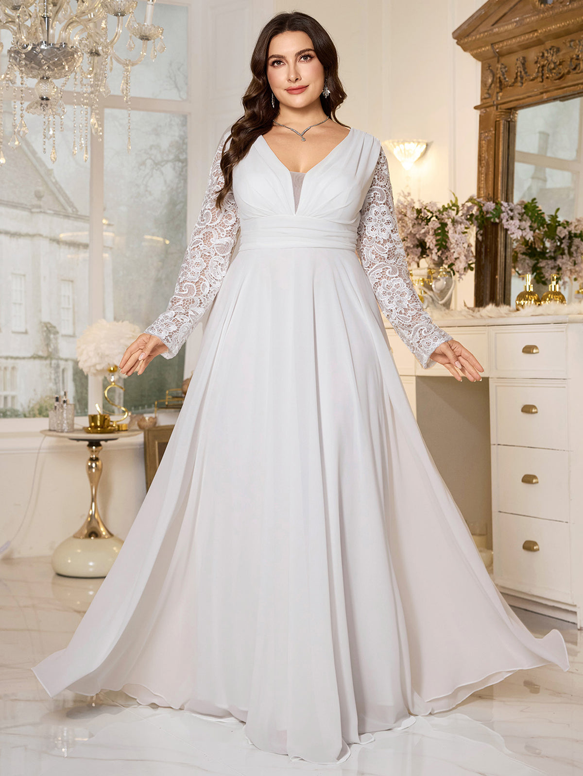 White Lace Long‑Sleeve High‑Waist A‑Line Plus‑Size Evening Gown