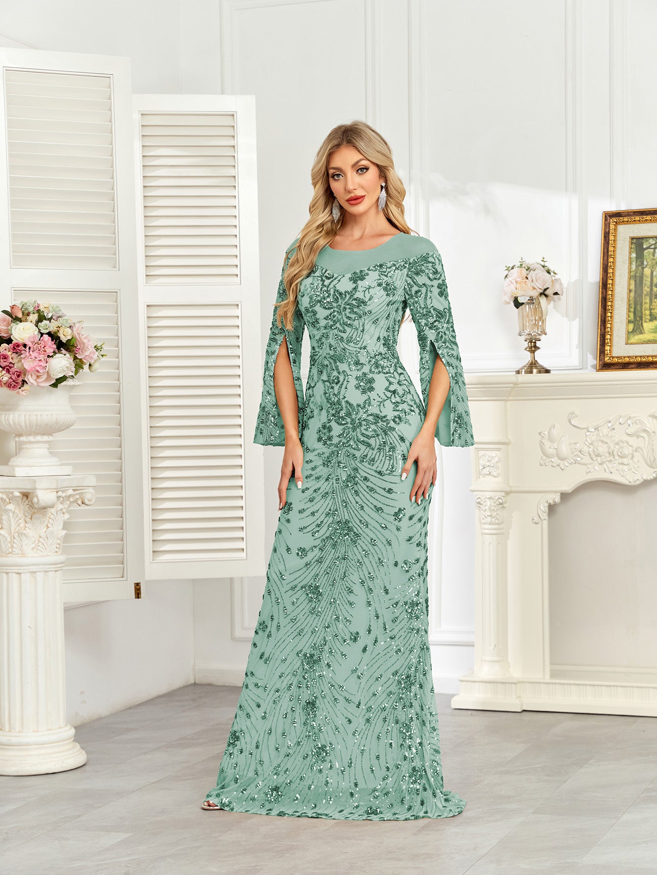 Royal Blue Sequin Split Flare‑Sleeve Mermaid Evening Gown