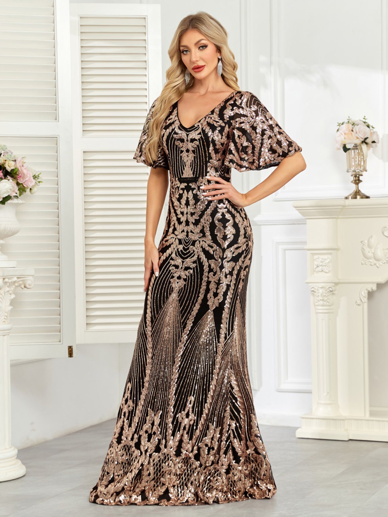 Black Rose Gold Sequin Flutter Sleeve Mermaid Evening Gown