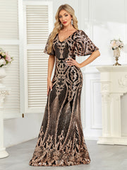Black Rose Gold Sequin Flutter Sleeve Mermaid Evening Gown