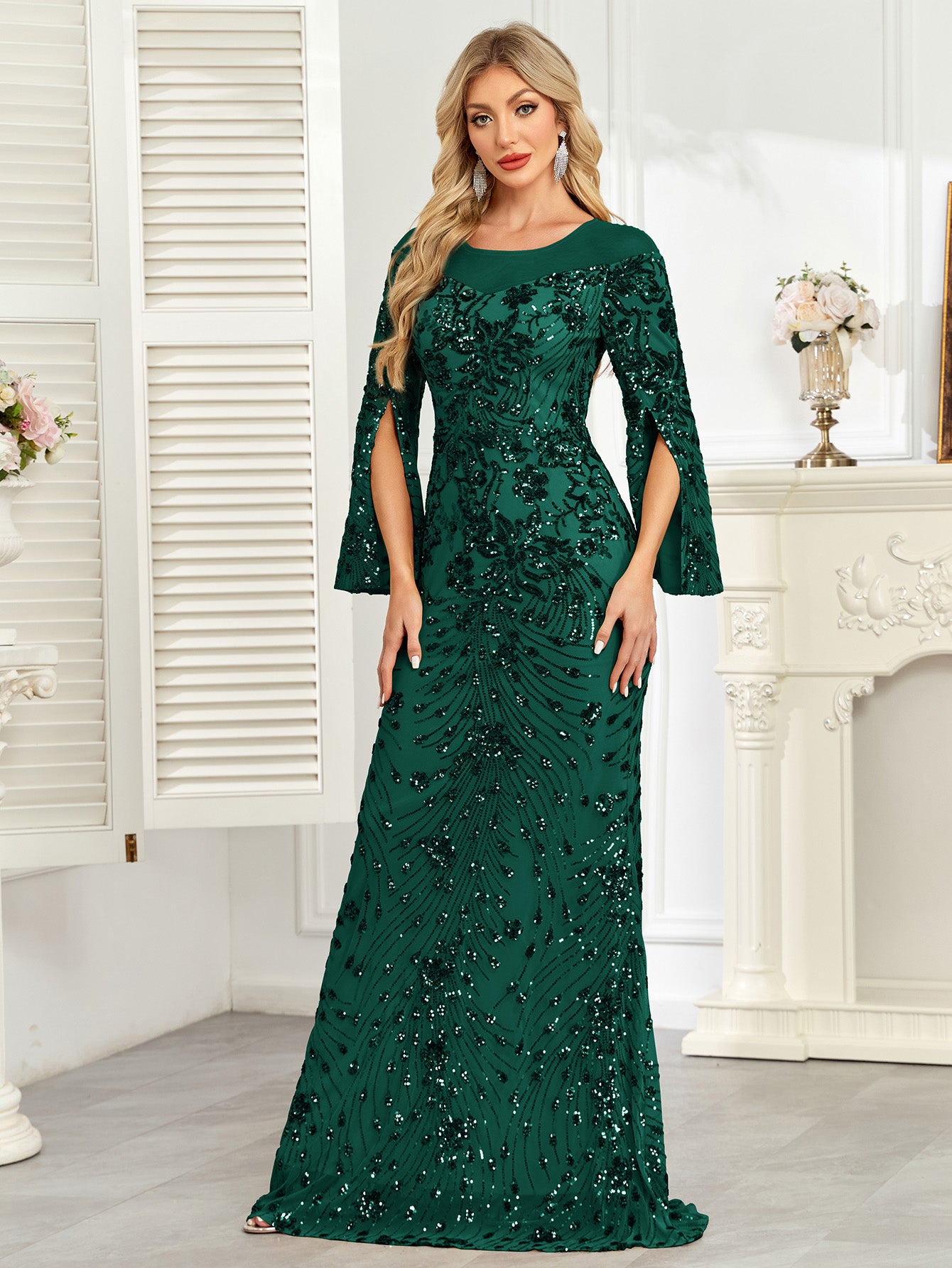 Royal Blue Sequin Split Flare‑Sleeve Mermaid Evening Gown