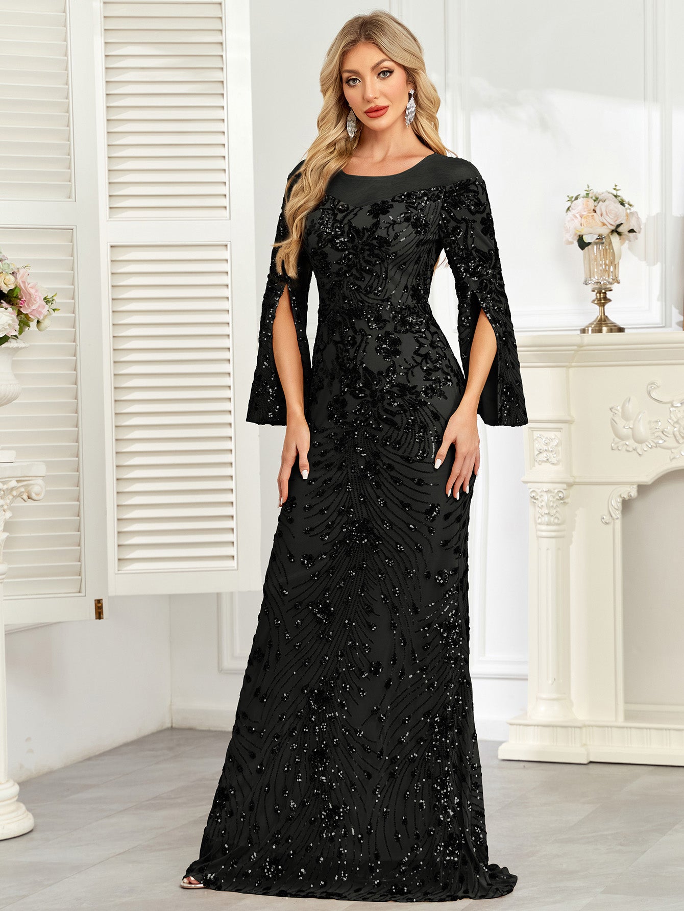 Royal Blue Sequin Split Flare‑Sleeve Mermaid Evening Gown