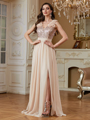 Champagne Sequin Floral V Neck Split A Line Long Evening Dress