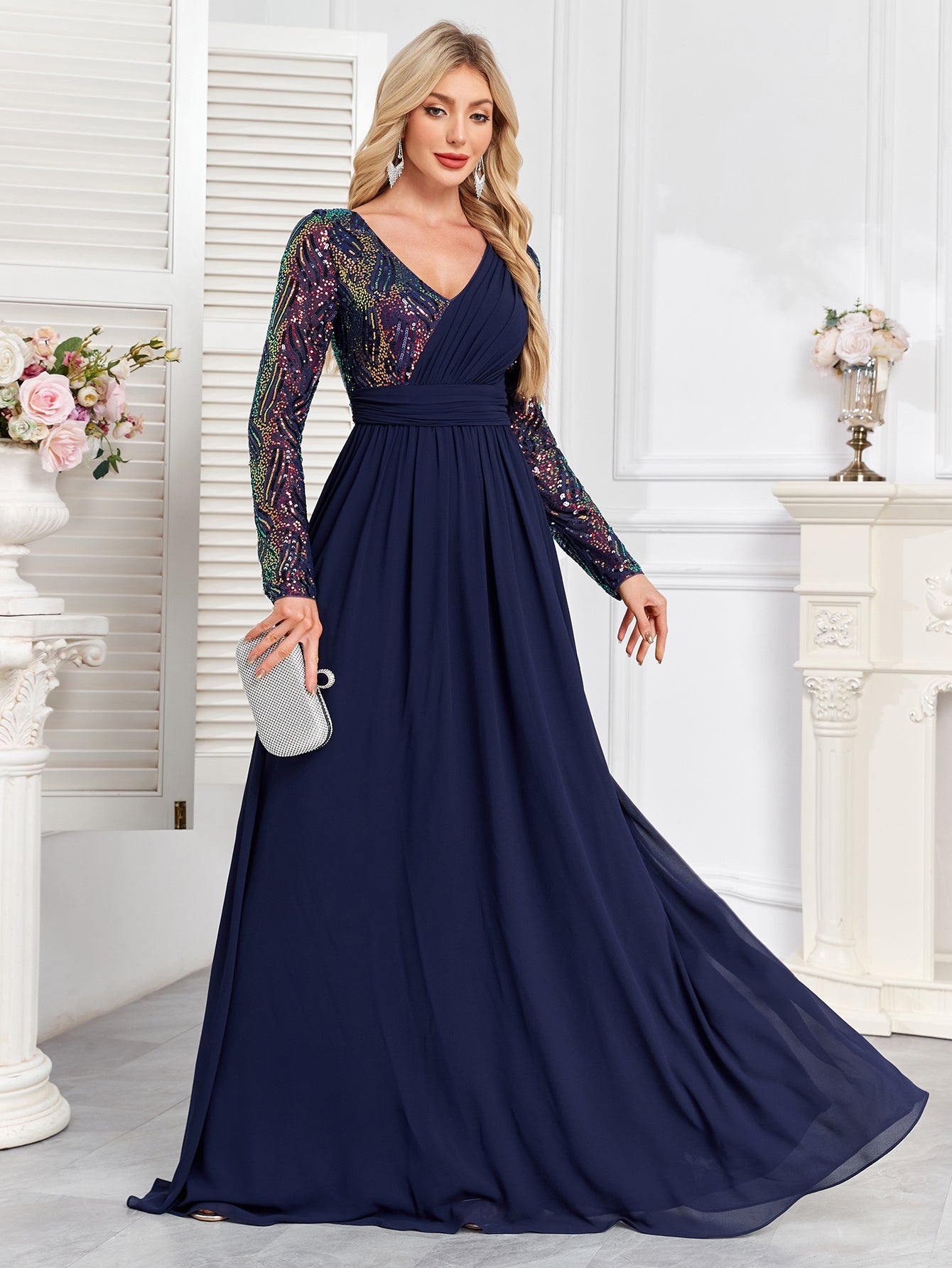 Navy Blue Multicolor Sequin Long Sleeve A‑Line Evening Gown