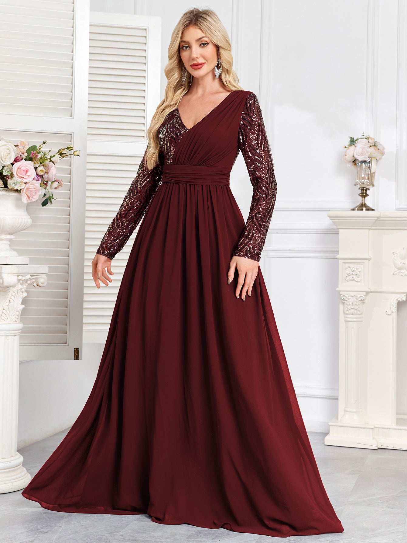 Navy Blue Multicolor Sequin Long Sleeve A‑Line Evening Gown