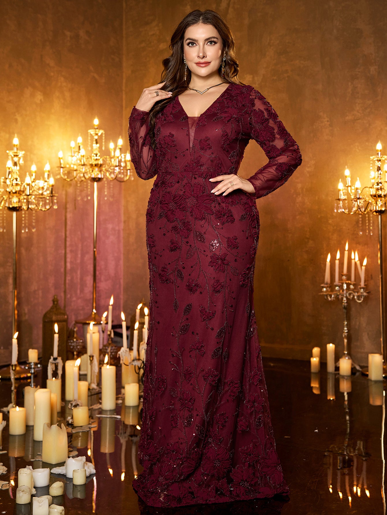 Burgundy Floral Embroidery Sequin Deep‑V Long‑Sleeve Plus‑Size Mermaid Evening Gown