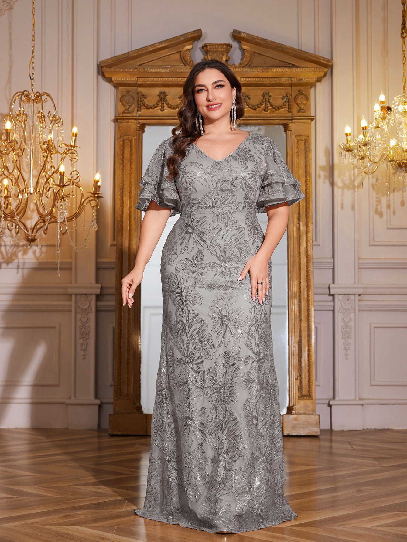 Rose Gold Sequin Ruffle Sleeve Mermaid Evening Gown