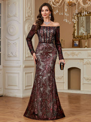 Burgundy Sequin Corset Off Shoulder Mermaid Evening Gown