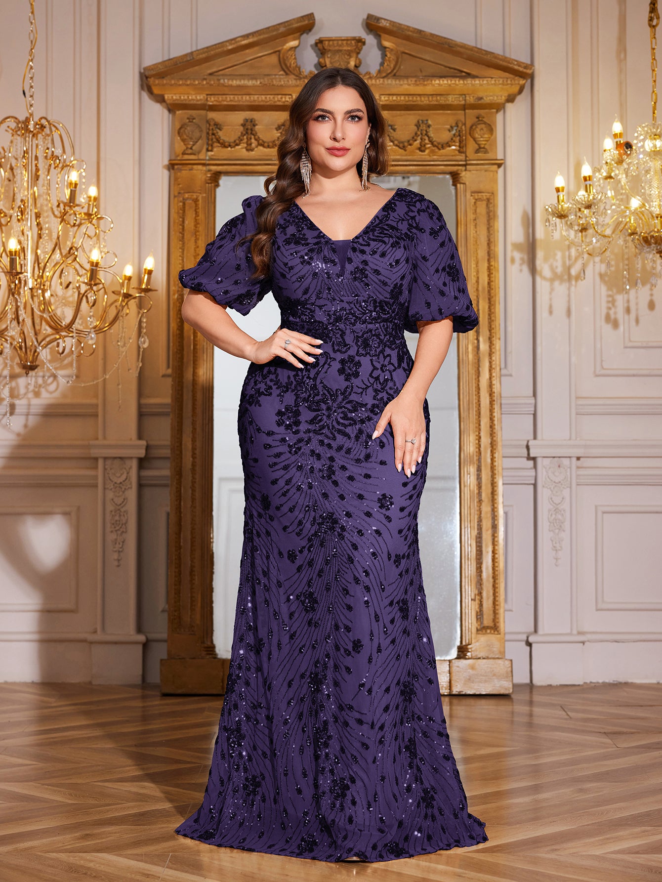 Navy Blue Sequin Puff Short Sleeve Mermaid Plus Size Evening Gown