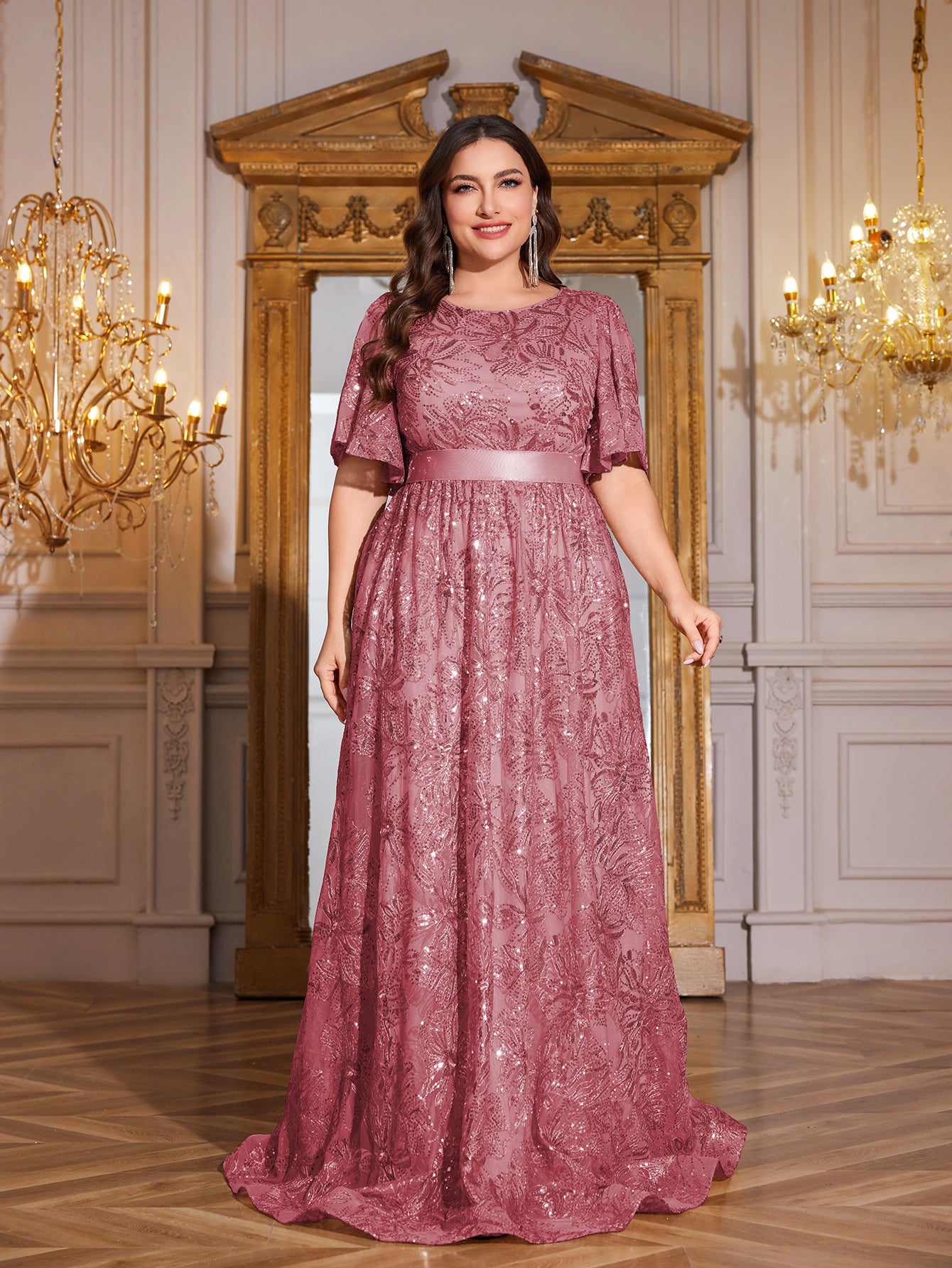 Rose Gold Sequin Flutter Sleeve Empire Waist A‑Line Plus Size Evening Gown