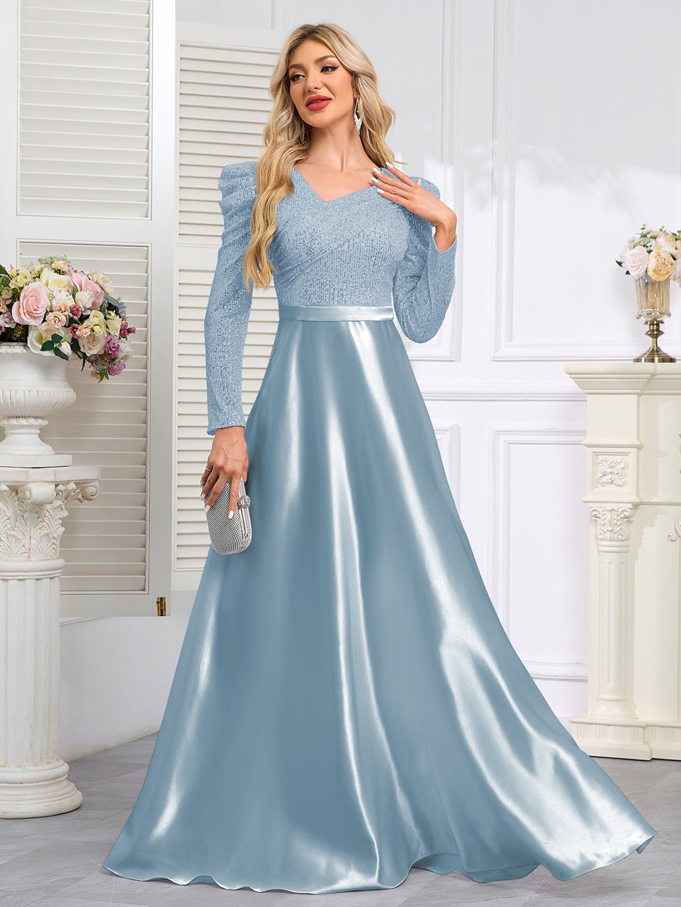 Dark Blue Satin Sequin Maxi Dress