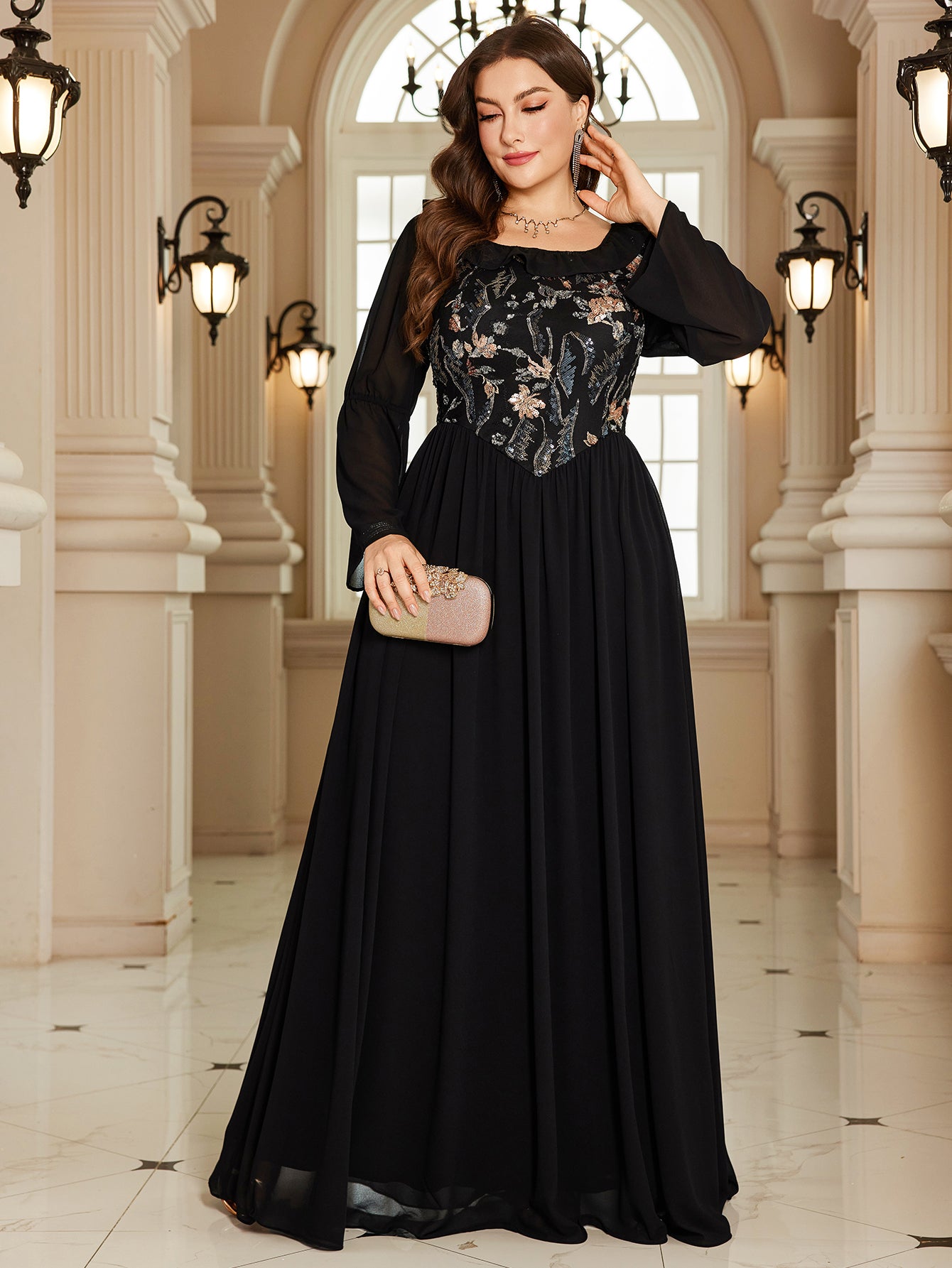 Black Floral Embroidery High Waist Plus Size Maxi Evening Dress