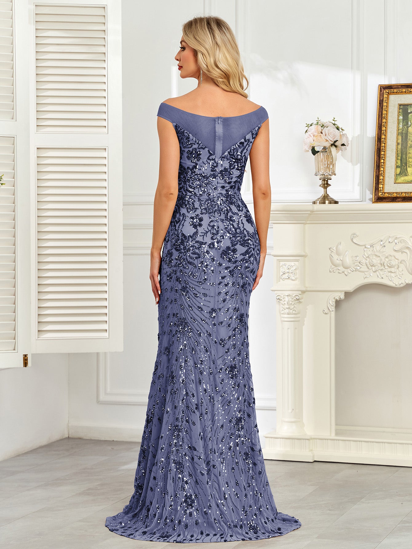 Royal Blue Sequin Off‑Shoulder Mermaid Evening Gown
