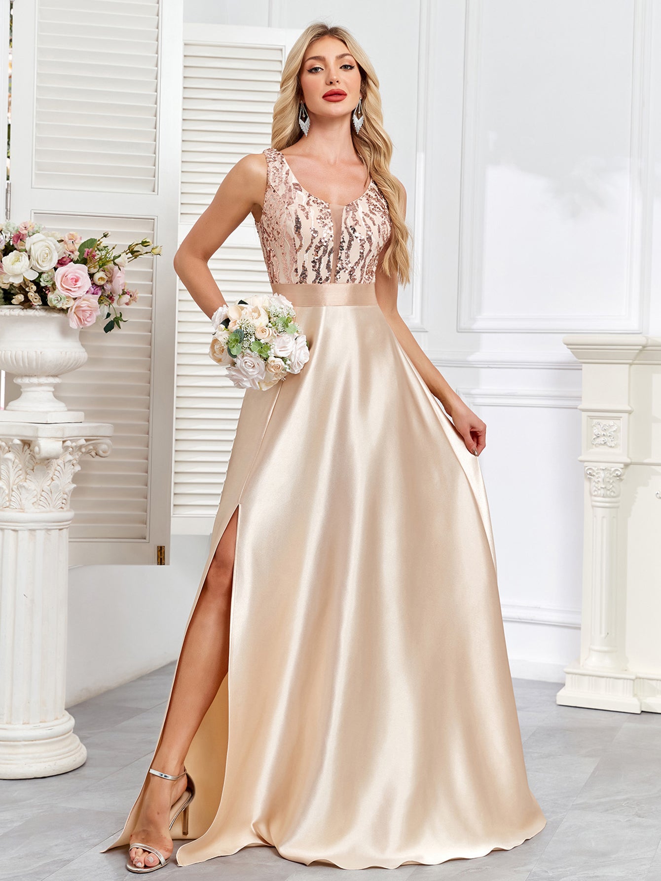 Champagne Sequin Satin Sleeveless High Slit A-Line Evening Gown