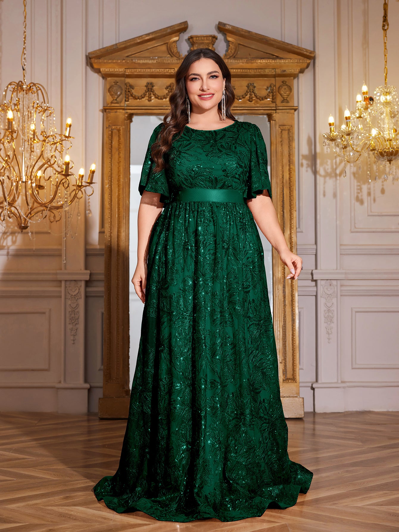 Rose Gold Sequin Flutter Sleeve Empire Waist A‑Line Plus Size Evening Gown