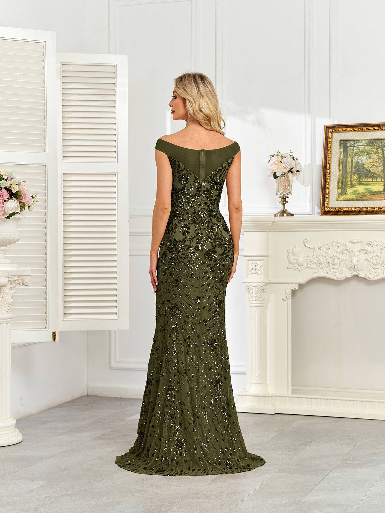 Royal Blue Sequin Off‑Shoulder Mermaid Evening Gown