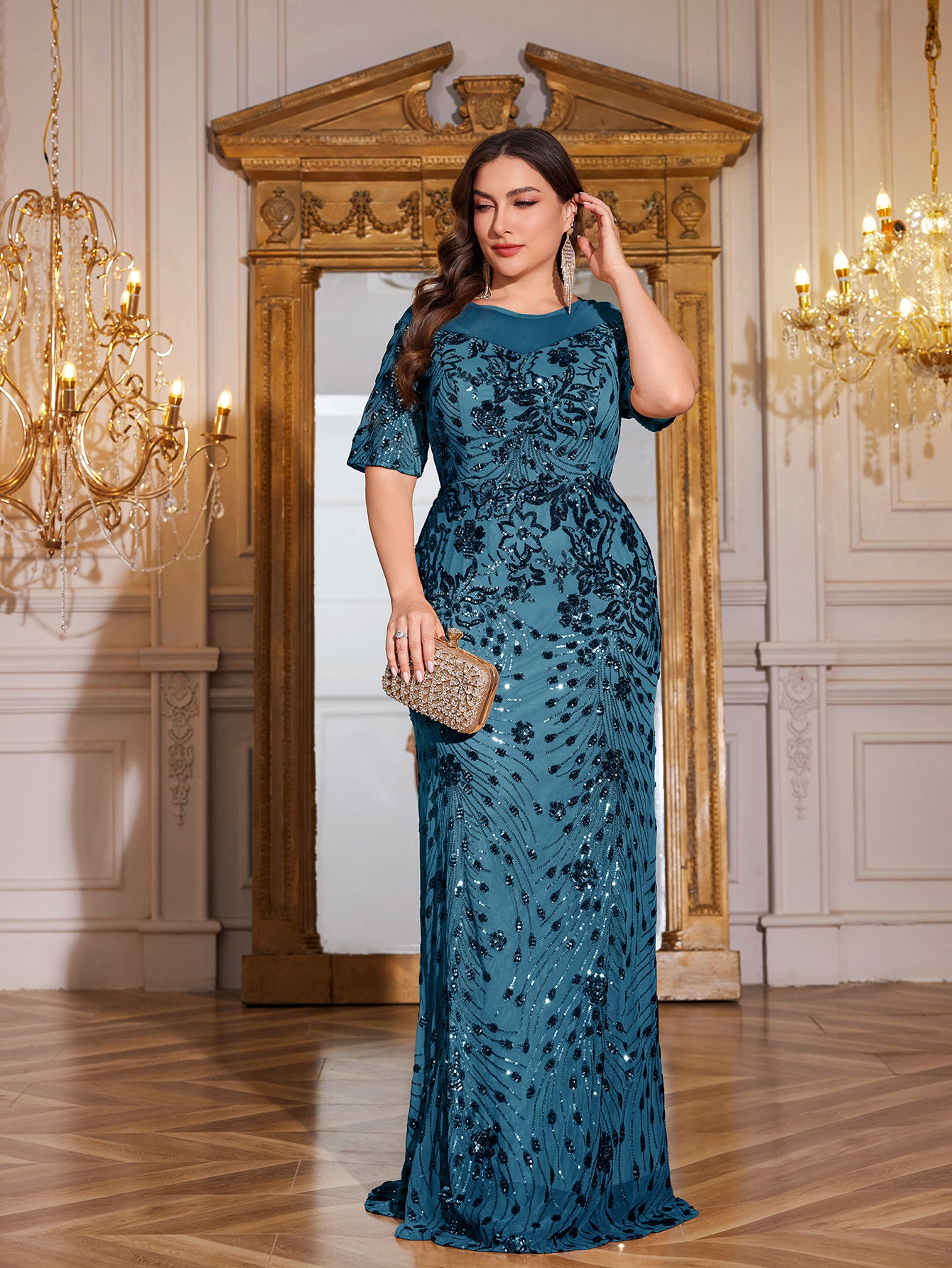Teal Green Sequin Short Sleeve Mermaid Plus Size Evening Gown