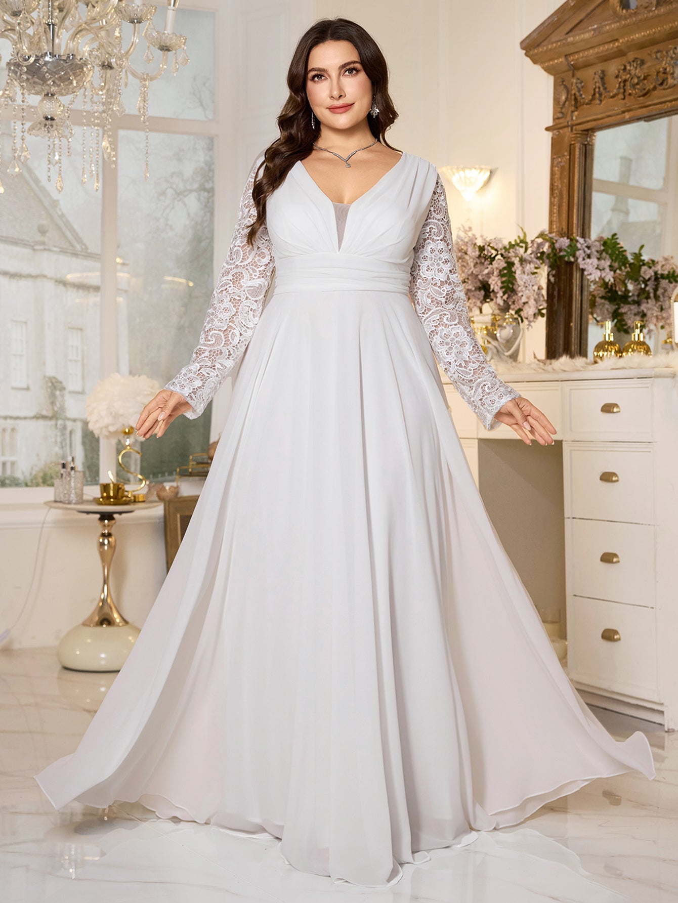 White Lace Long‑Sleeve High‑Waist A‑Line Plus Size Evening Gown