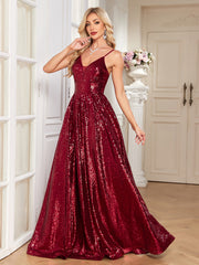 Burgundy Sequin Deep V A‑Line Maxi Dress, Sparkly Formal Evening Gown