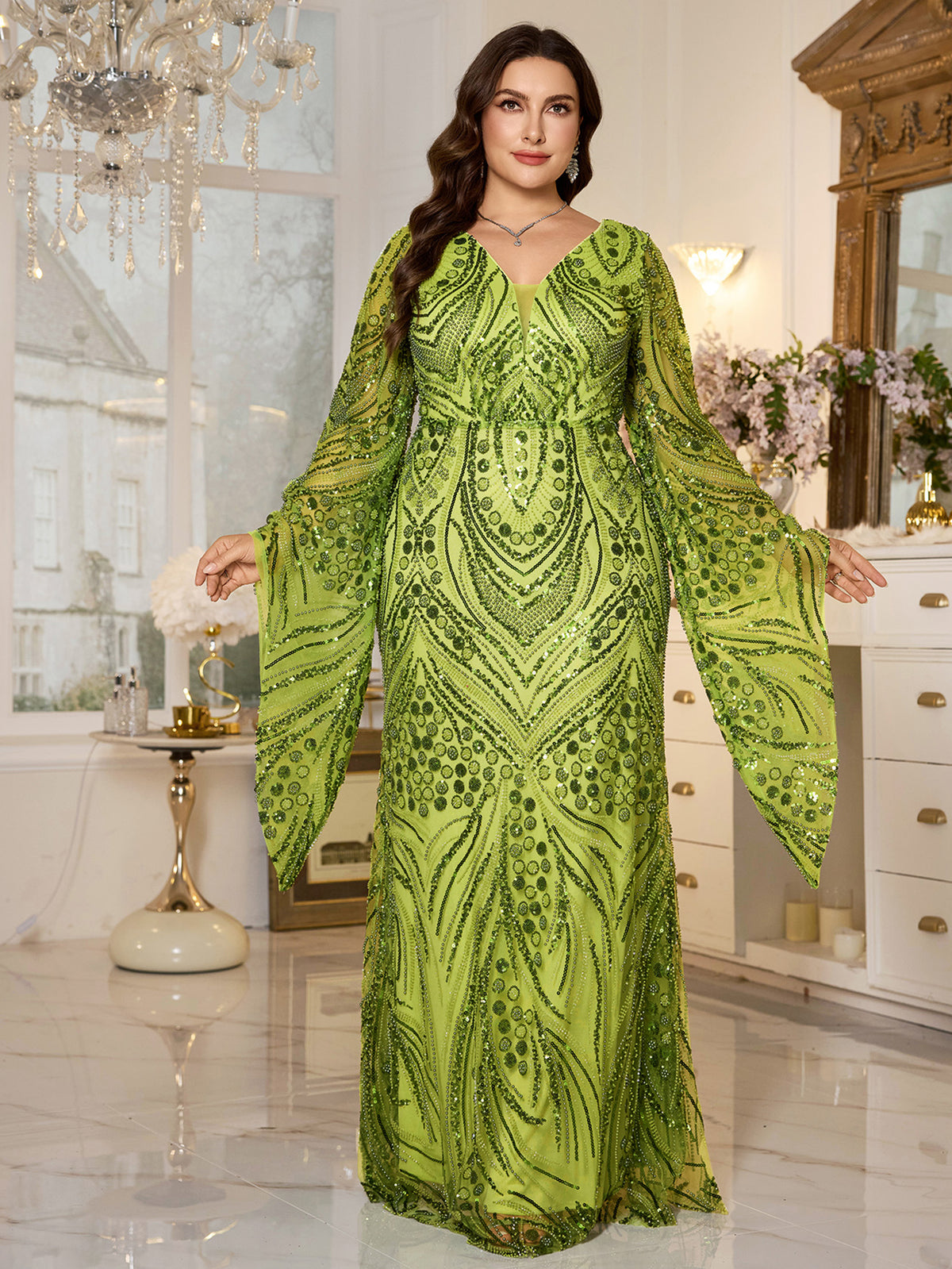 Lime‑Green Beaded Bell‑Sleeve Sheath Plus Size Evening Gown