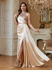 Sequin Halter Satin Evening Gown with Thigh-High Slit