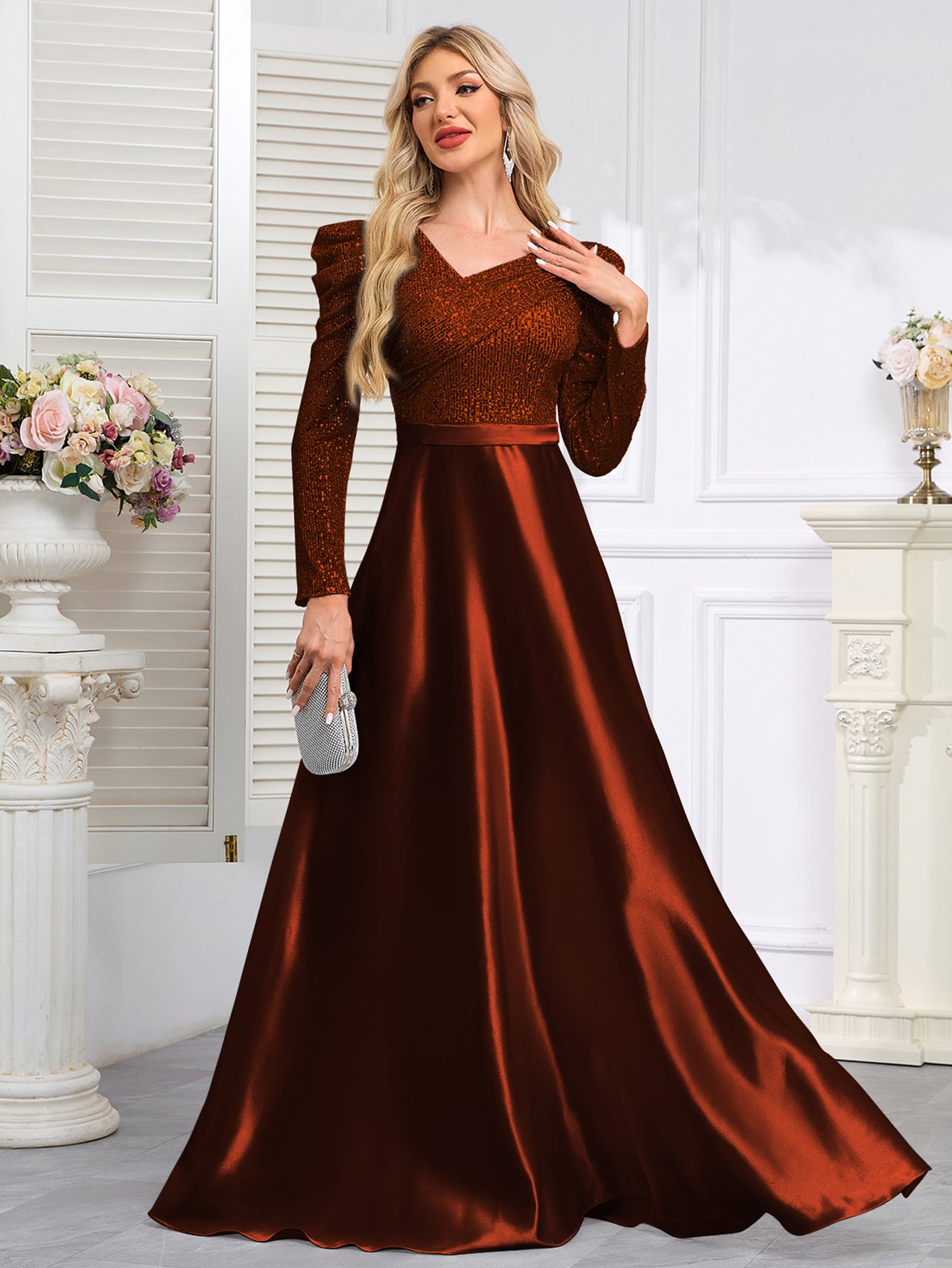 Dark Blue Satin Sequin Maxi Dress