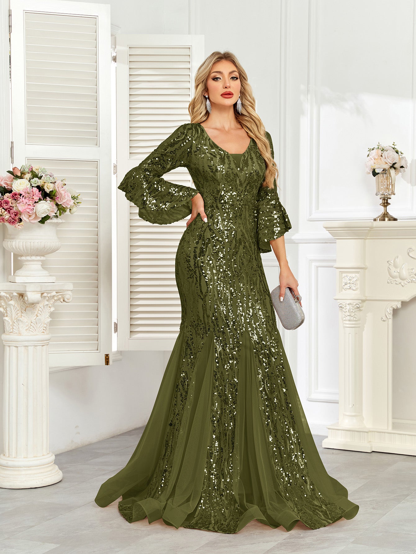 Champagne Gold Sequin Bell Sleeve Mermaid Evening Gown