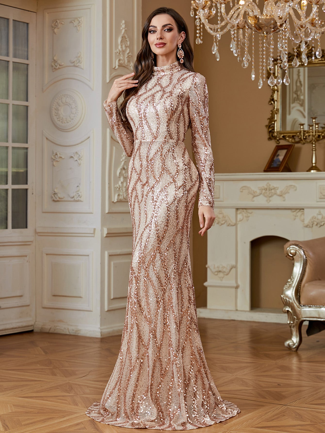 Rose Gold Sequin High Neck Mermaid Maxi Evening Dress