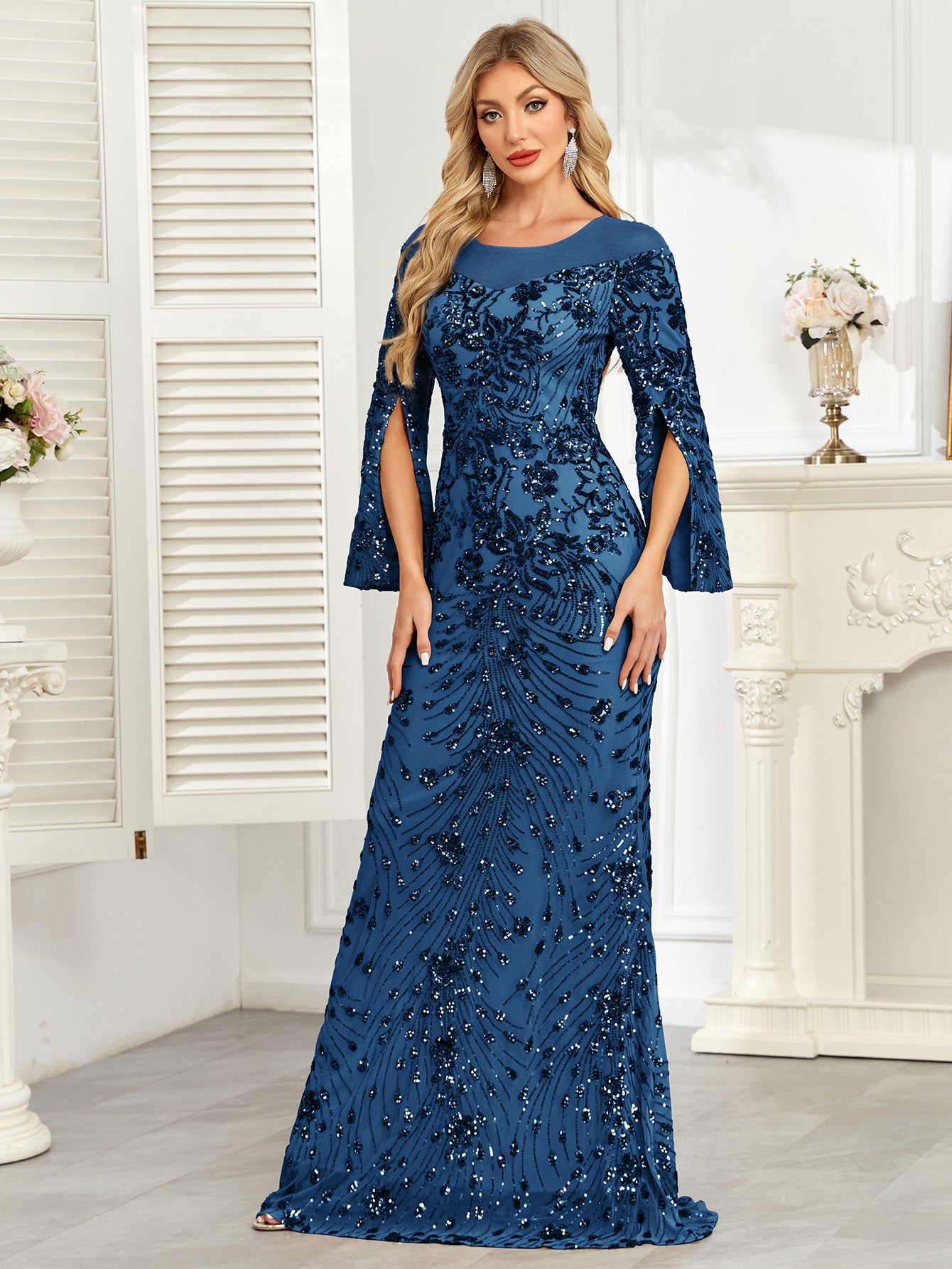 Royal Blue Sequin Split Flare‑Sleeve Mermaid Evening Gown