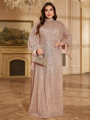 Champagne Sequin Bow Lantern Sleeve High Neck Maxi Evening Dress