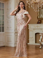 Champagne Rose Gold Wave Sequin Deep V Mermaid Formal Dress