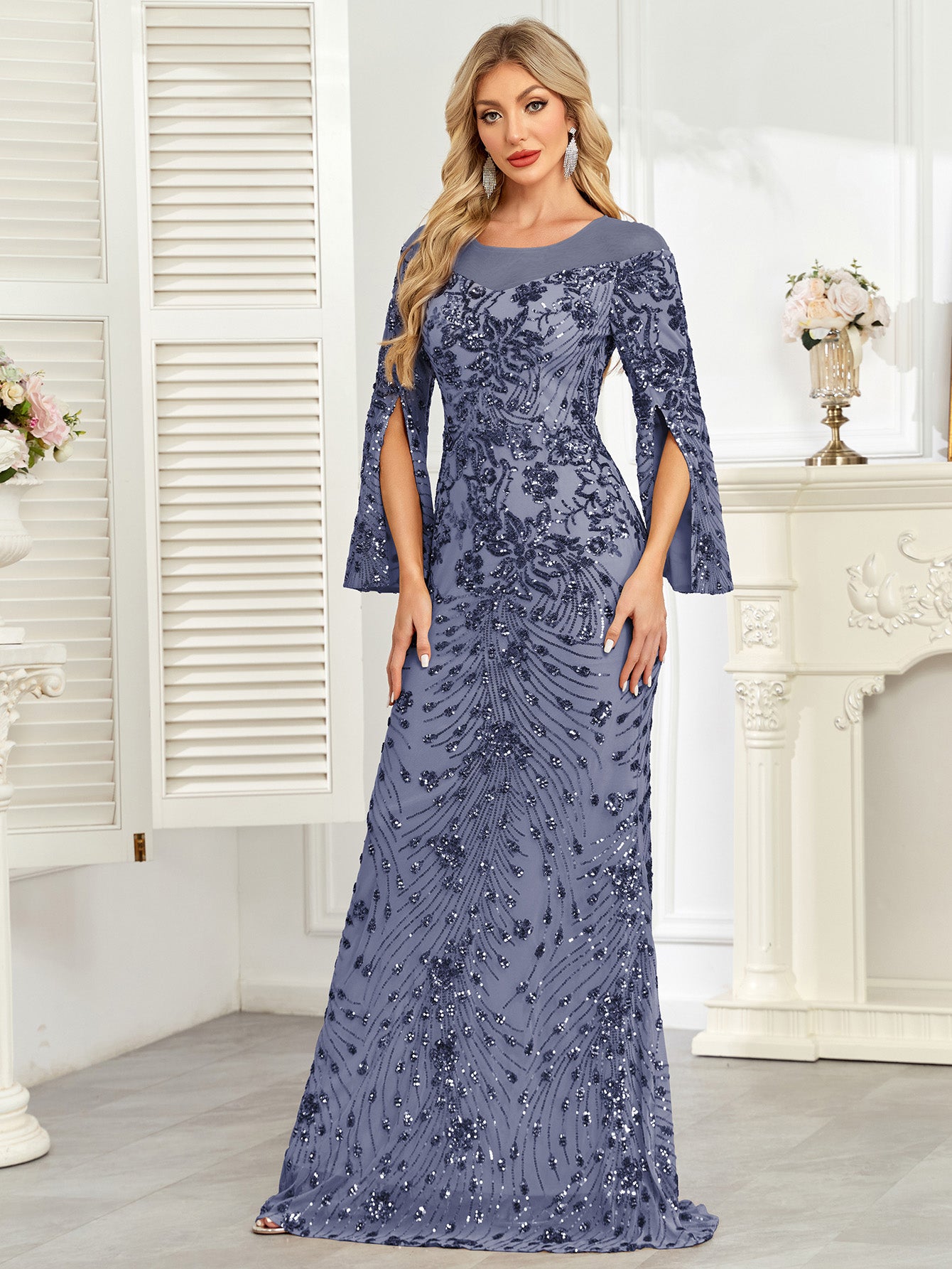 Royal Blue Sequin Split Flare‑Sleeve Mermaid Evening Gown