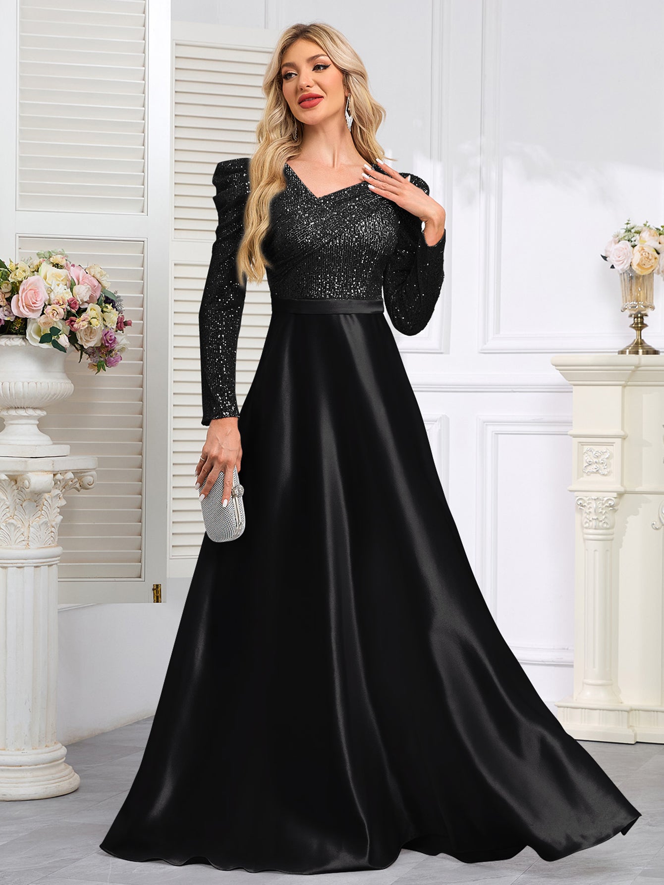 Dark Blue Satin Sequin Maxi Dress