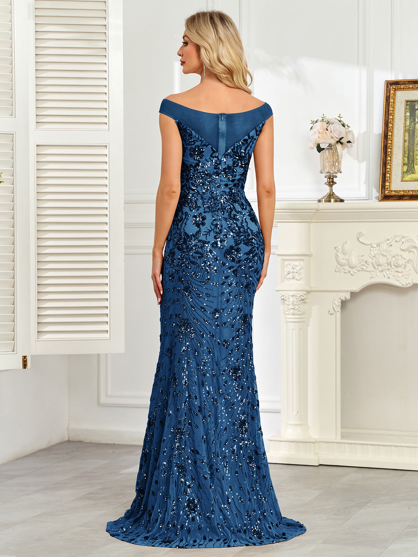 Royal Blue Sequin Off‑Shoulder Mermaid Evening Gown