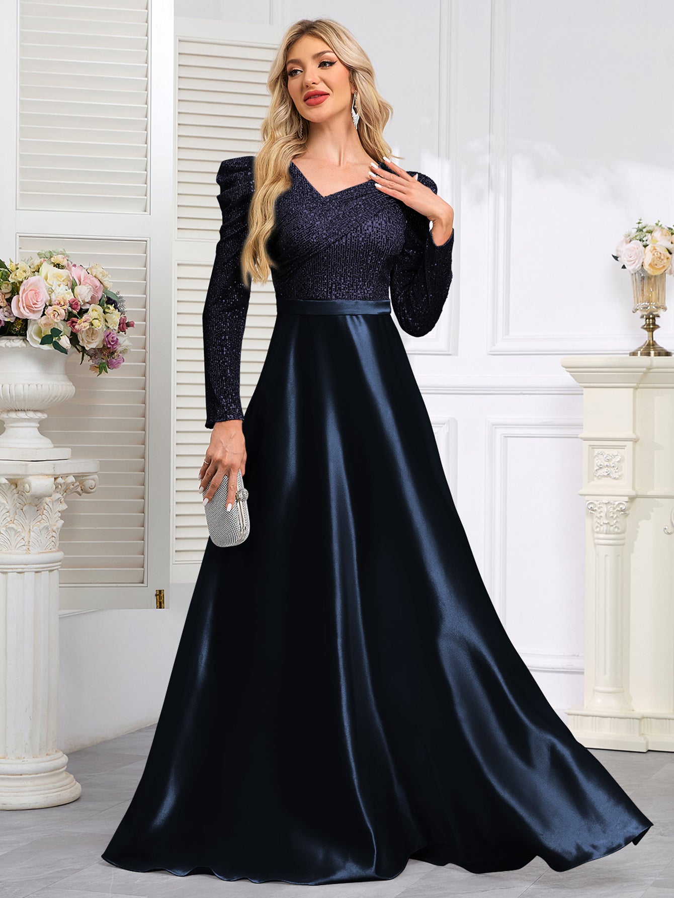 Dark Blue Satin Sequin Maxi Dress