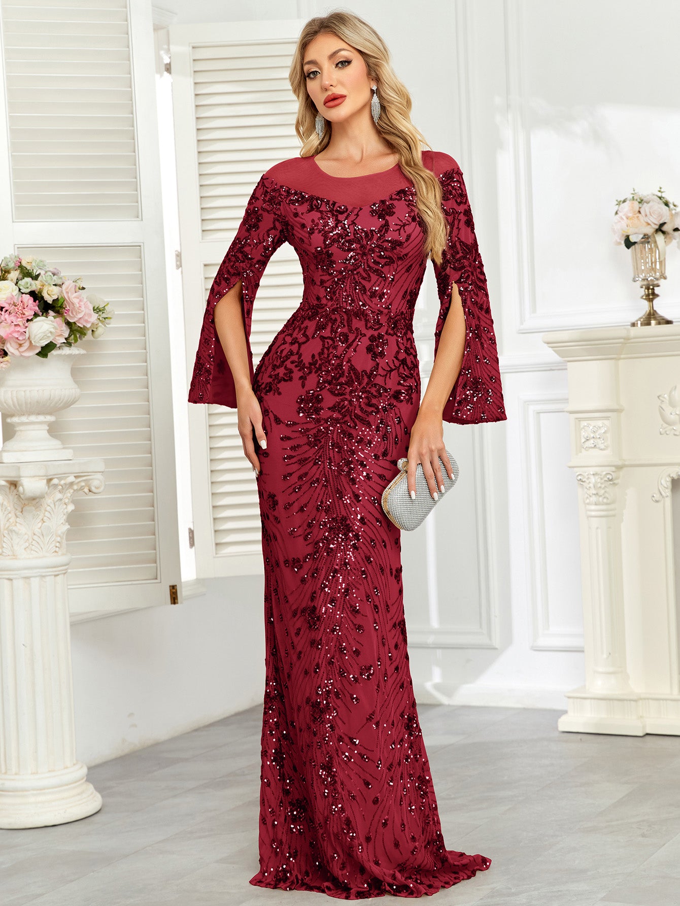 Royal Blue Sequin Split Flare‑Sleeve Mermaid Evening Gown