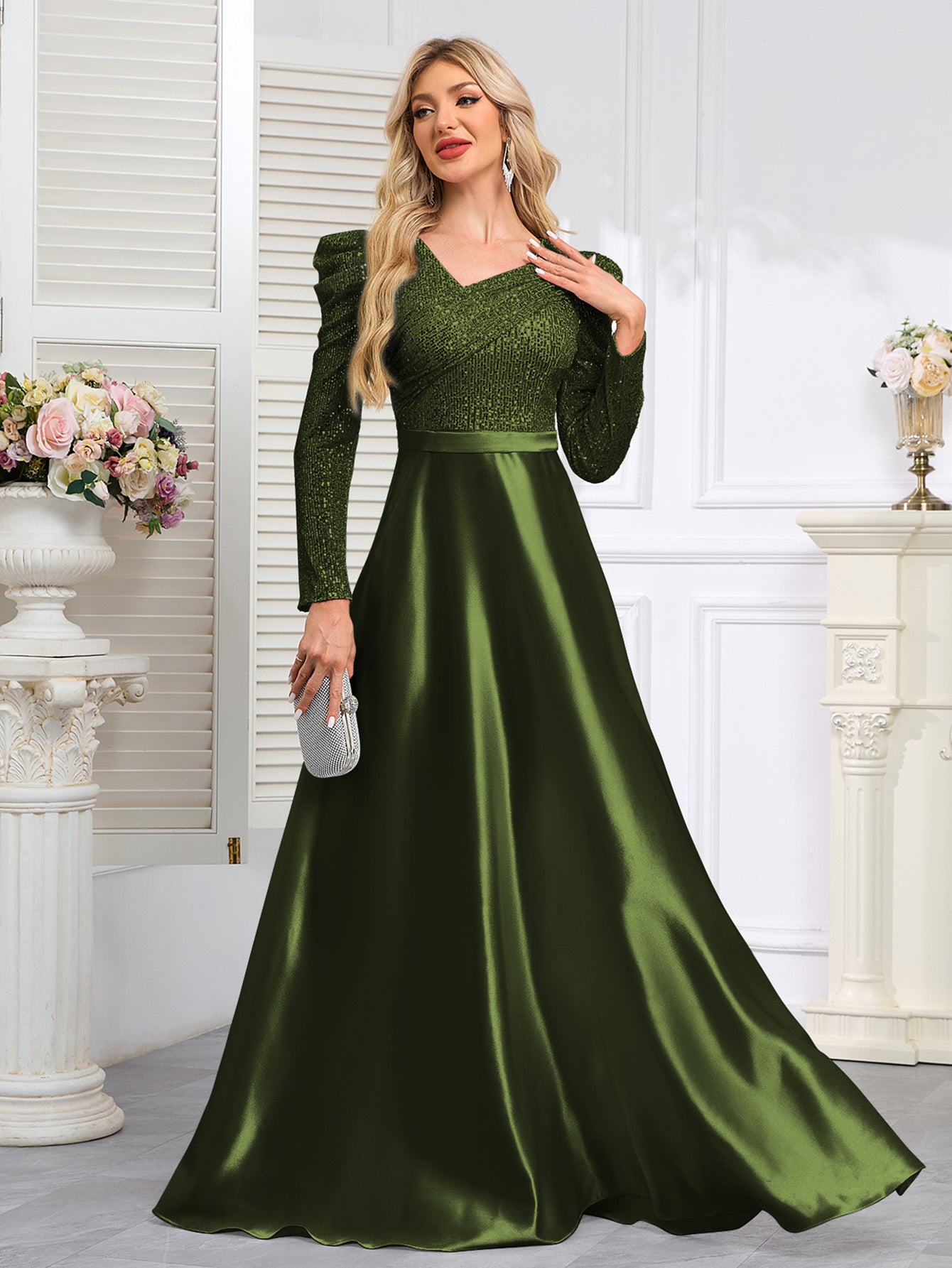 Dark Blue Satin Sequin Maxi Dress