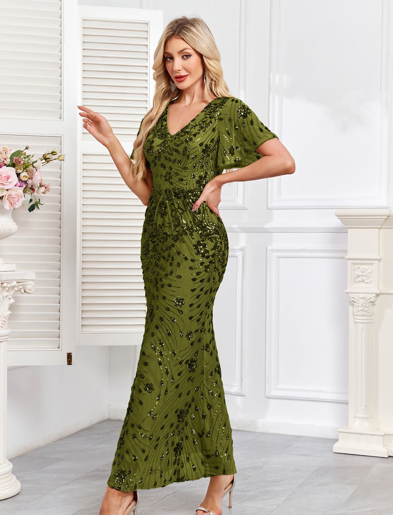 Champagne Gold Sequin Short Sleeve V Neck Midi Mermaid Evening Dress