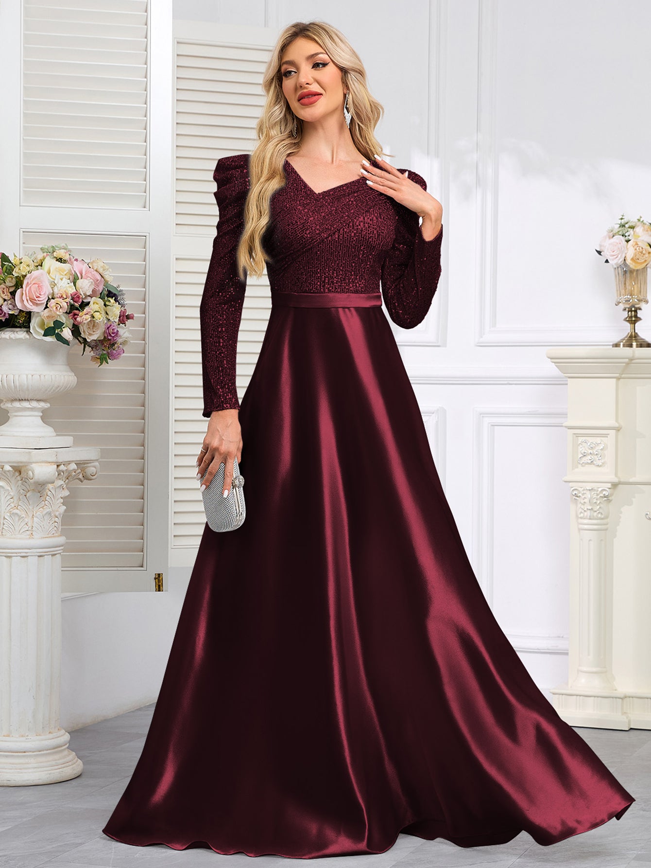 Dark Blue Satin Sequin Maxi Dress