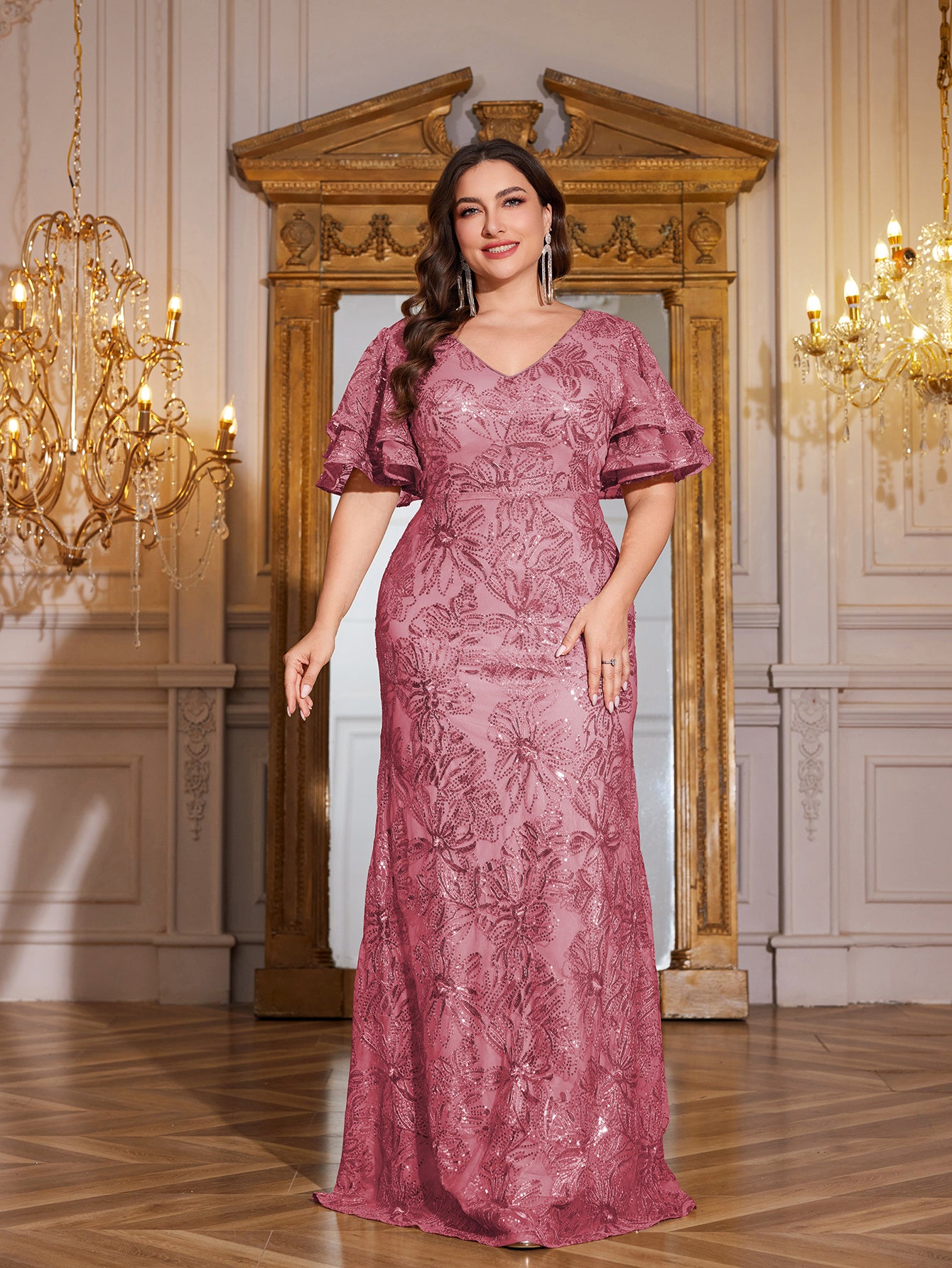 Rose Gold Sequin Ruffle Sleeve Mermaid Evening Gown