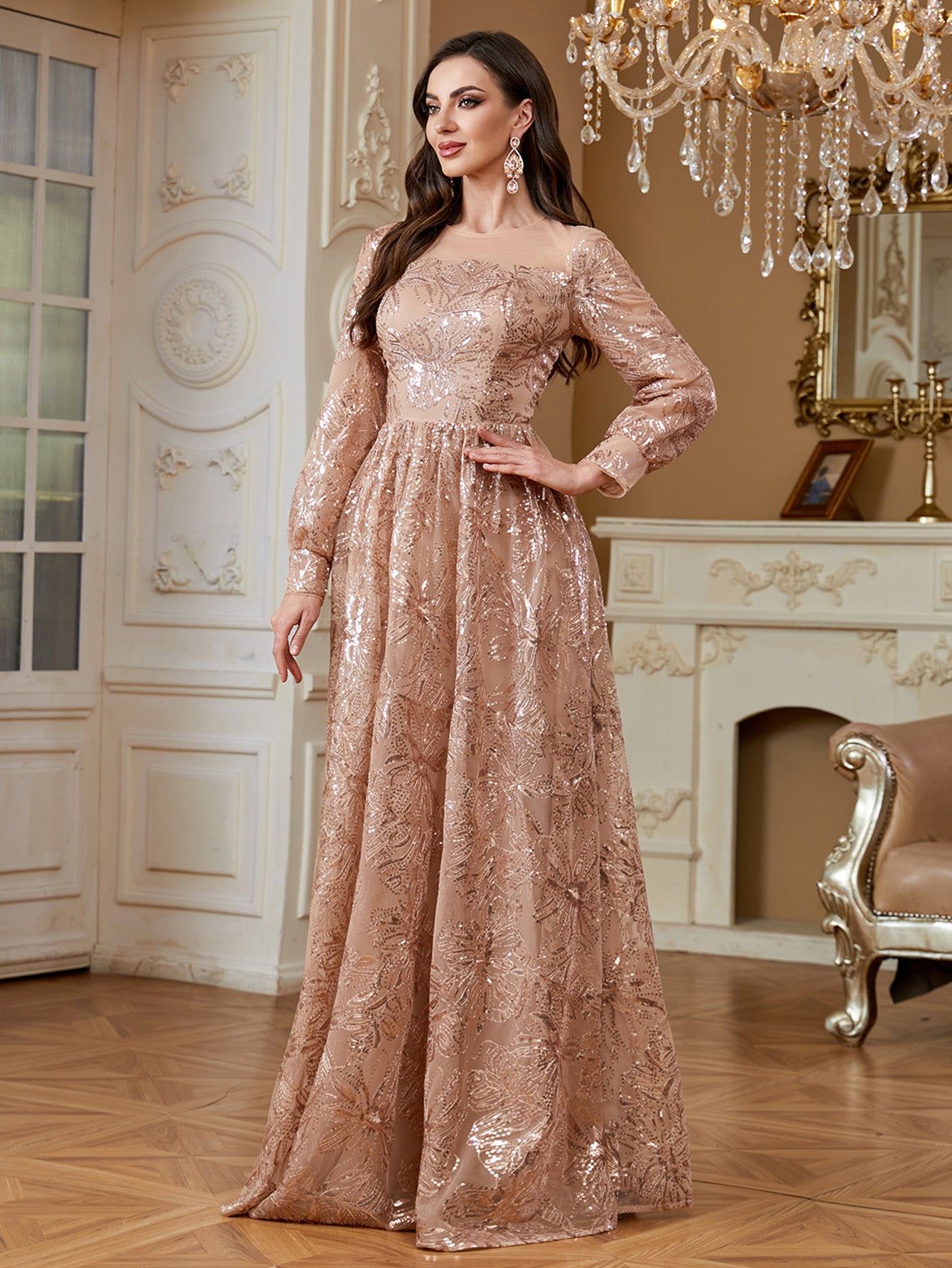 Rose Gold Floral Sequin Long Sleeve A‑Line Evening Gown