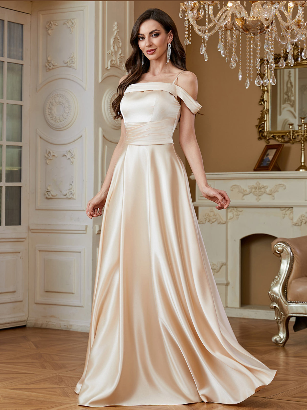 Champagne Off‑Shoulder Strap Satin A‑Line Evening Gown